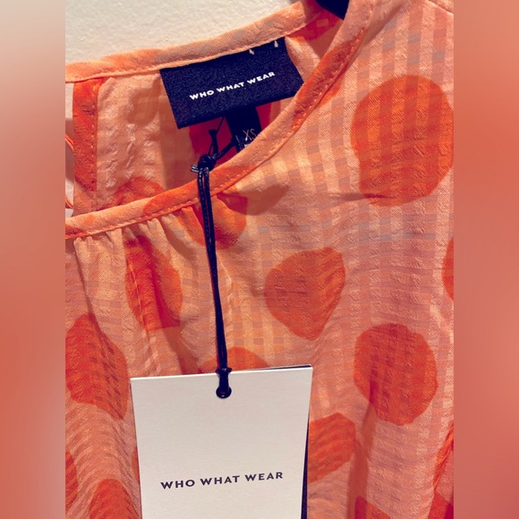 WHO WHAT WEAR, Size XS, Orange Gingham/Polka Dot Ballon Sleeve Blouse NWT - Picture 4 of 7
